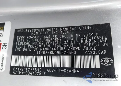 2009 Toyota Camry Le из США, поврежденный, VIN 4T1BE46K99U375560